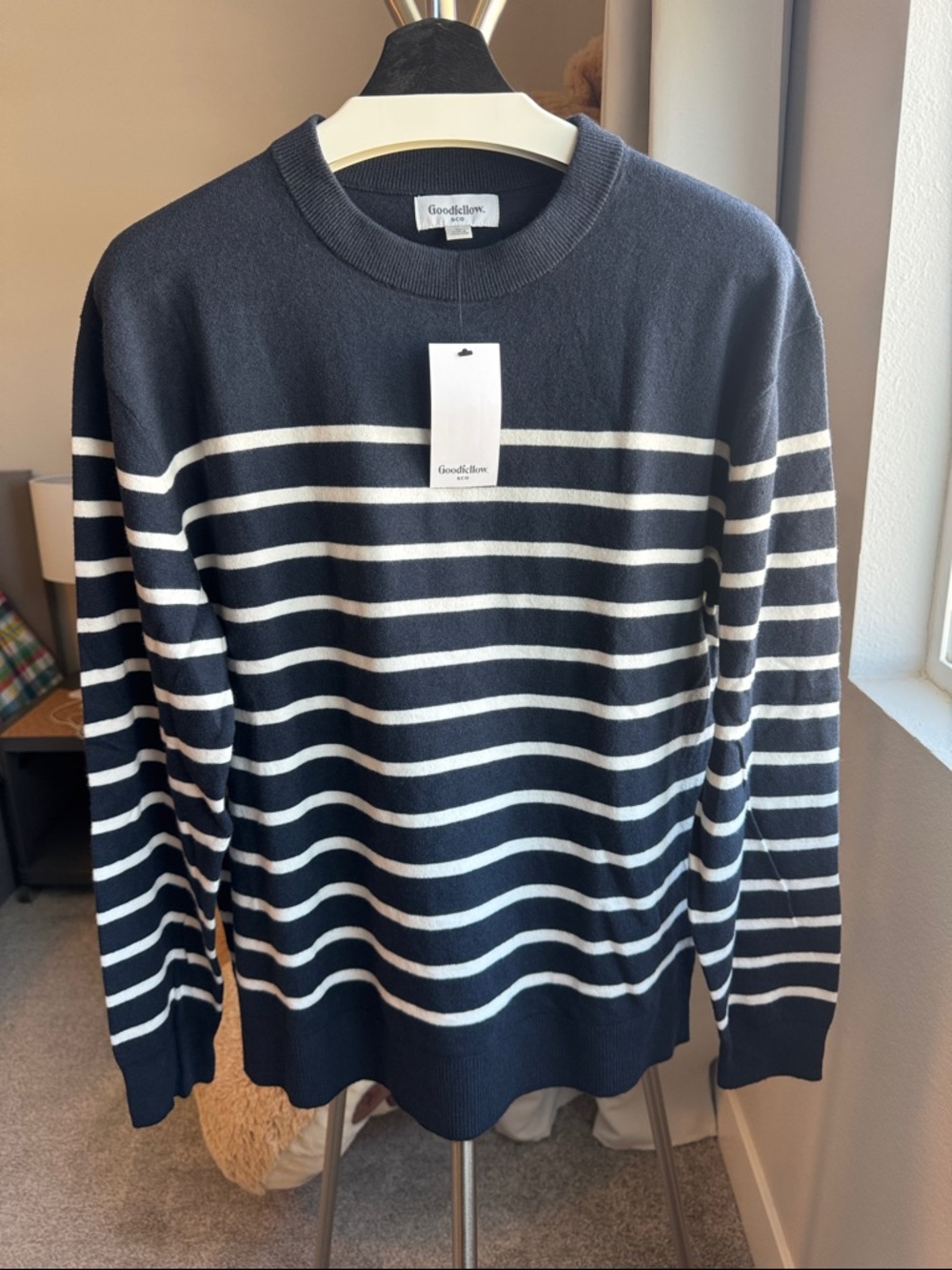 Target Men’s Navy and White Striped Crewneck Sweater
